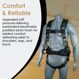 AFP Green Camouflage Demon Fall Protection Ergonomic Comfort Safety Harness, Soft Pressure-Relieving Perforated Breathable Padded Foam Shoulder, Legs & Back, 3 D-Rings, Tongue Buckle, Mating Buckle