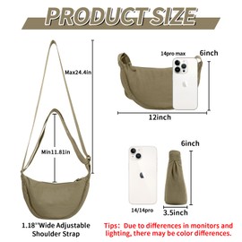 Nylon Crescent Crossbody Bag for Women Purses Trendy Men,Small Travel Sling Bag Hobo,Lightweight Fanny Pack with Zipper Adjustable Strap,Round Soft Shoulder Pouch Bag for Everyday Use Sport(Khaki)