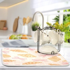 Dussdil Dish Drying Mats Pink Bows Plaid Croissants Drainer Rack Mat for Counter 16 x 18 Inch Microfiber Dry Dishes Pad Coffee Bar Sink Countertops Mats