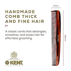 Kent 9T Peine de dientes finos y dientes anchos de caparazón de tortuga - Gran peine de vestir de cabello fino hecho a mano y cortado con sierra - Pei
