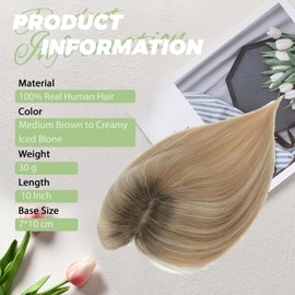 Hair Toppers for Women Real Human Hair 10Inch Human Hair Topper 7x10CM Swiss Base Middle Part Clip in Topper Hairr Pieces for Women Medium Brown to Creamy lced Blond