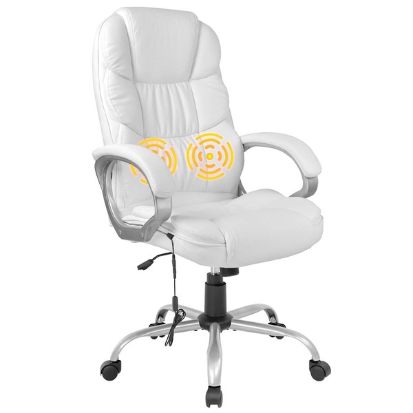 Home Ergonomic Office Chair Massage Comfortable Desk Chair Rolling Swivel Computer Chair with Lumbar Support Headrest Armrest High Back Task Chair PU Leather Executive Chair for Men Adults(White)