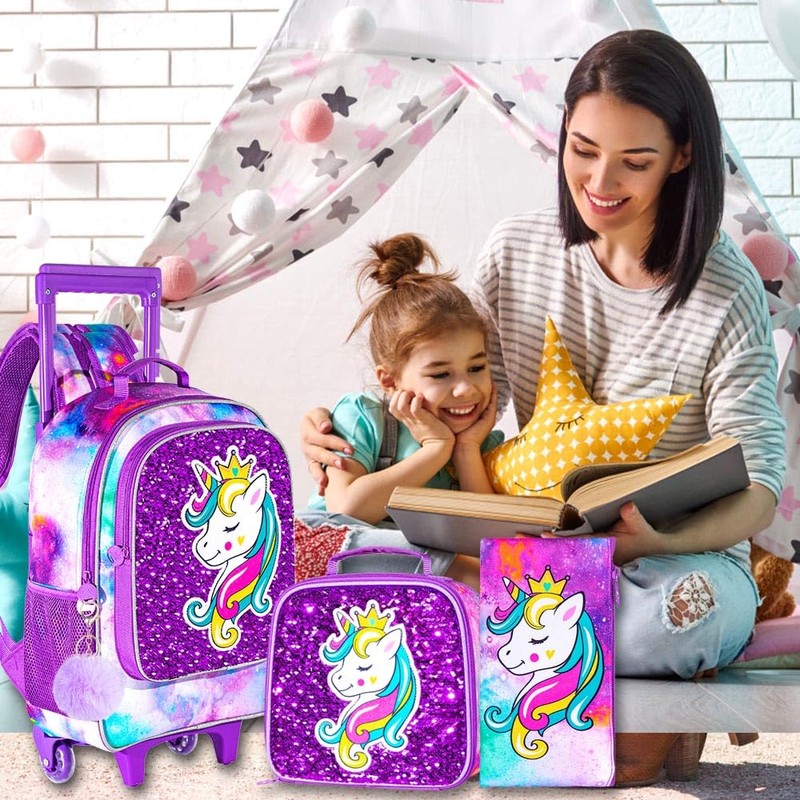 FTJCF 3Pcs Rolling Backpack for Girls, Kids Unicorn Roller Bookbag