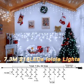 Hopexy Icicle Outdoor Christmas Lights, 216 LEDs 7.3m Waterproof Connectable Outside Fairy Light Mains Powered, Cool White Hanging String Light Plug in, for House Roof Porch Gutter Xmas Decorations