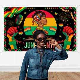 Mocsicka Happy Juneteenth Banner Juneteenth June 19th Freedom Day Party Decorations Banner for Africa American Independence Day Party Photography Background (Black, 70.8x43.3 inch)