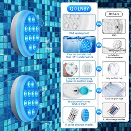 QOLNBY Pool Lights, Upgrade Rechargeable Submersible LED Lights with Remote, IP68 Waterproof Underwater Lights 16 Color Changing Floating Pool Light with Magnets for Bathtub 2 Pack