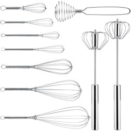 Teenyyou 10 Pcs Stainless Steel Whisk Set Egg Beater Semi Auto Whisk Blender Hand Push Whisk Spring Coil Whisk Versatile Utensil for Mixing Blending Beating Stirring Cooking 3 5 6 7 8 10 12 inch