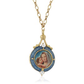 Symbols of Faith "Inspirations" 14k Gold-Dipped Blue Enamel Mary and Child Locket Necklace, 17.5"