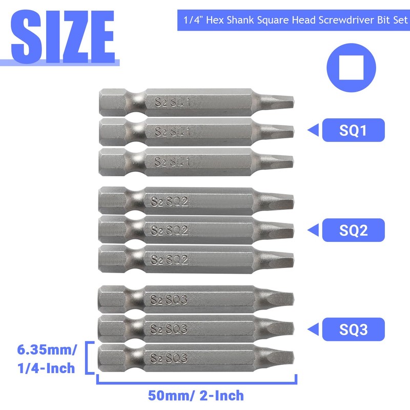 FyMosem 9Pcs Square Head Screwdriver Bits, SQ1 SQ2 SQ3 Magnetic