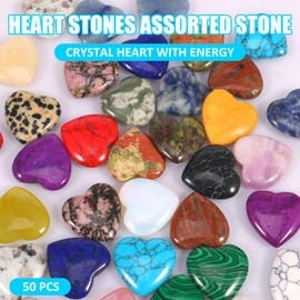 50Pcs Heart Shape Crystals Natural Healing Crystal Stones Mini Assorted Worry Rocks 20mm Gemstones for Meditation Energy Balancing Desktop Decoration