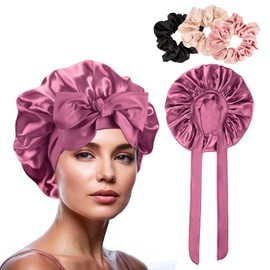 GlasFlength Sleep Cap, Silk Hat, Mulberry Silk Sleep Cap, Satin Hair Cap, Adjustable Silk Hood for Sleeping, Breathable, Wide Band, Double Layered for Women and Girls (Bean Paste Colour)