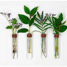 TWILG - Test tubes for flowers with cognack-coloured leather and wall magnet - set of 4 - flower vase, magnetic vase, test tubes with stand, test tube vase wall, magnetic vase