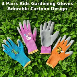 BIOECEUA 3 Pairs Kids Gardening Gloves for Age 3-5, Children Rubber Coated Garden Work Gloves, Grippy Breathable Yard Work Fit Toddler Boys Girls