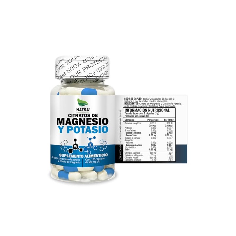 Citratos de Magnesio y Potasio 100 Cápsulas, Calidad Premium