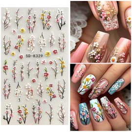YOSOMMK Spring Flower Nail Art Stickers Decals Floral Nail Decals Self Adhesive 5D Embossed for Women Nails Design Decoraion Colorful Rose Plum Blossom 3D Flower Mails Stickers Supplies