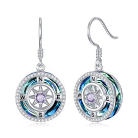 TOUPOP Birthstone Earrings for Women Sterling Silver Compass Dangle Earrings with Crystal Valentines Day Anniversary Birthday Christmas Jewelry Gifts for Her Wife Girlfriend, Sterling Silver, Cubic