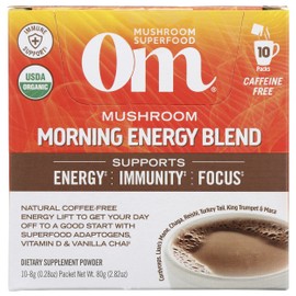 Om Mushroom Superfood Morning Energy Blend Mushroom Powder Drink, Coffee Free Energy Drink with Cordyceps, Vitamin D2, Agaricus Bisporus, Lion's Mane, Rhodiola, and Turkey Tail, 10 Count, 2.82 Oz