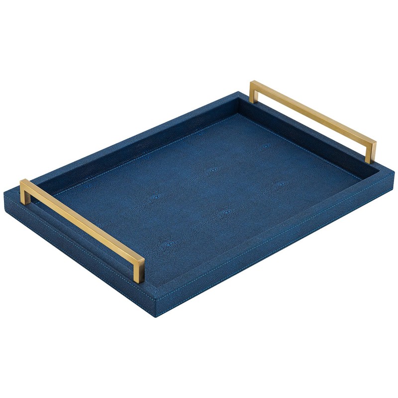 XIGEXIGE Navy Blue Decorative Serving Tray, Shagreen Leather Coffee Table