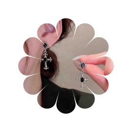 TseenYi Black Crystal Cross Earrings Embossed Cross Dangle Earrings Vintage Cross Drop Earrings Black Onyx Crucifix Earrings Silver Filigree Cross Earrings Jewelry for Women and Girls
