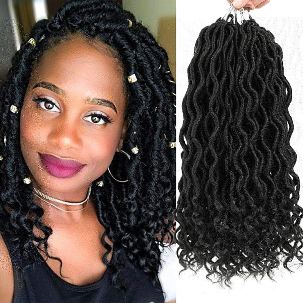 Karida 6Pcs/Lot Curly Faux Locs Crochet Hair 14 inch Deep Wave Braiding Hair With Curly Ends Crochet Goddess Locs Synthetic Braids Hair Extensions (14inch, 1B#)