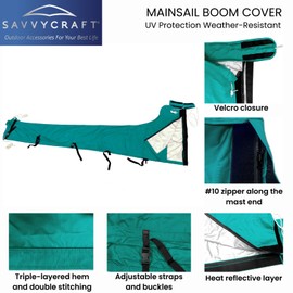 SavvyCraft Waterproof Mainsail Boom Cover, Heavy Duty 600D Sailboat Mainsail Cover UV Protection Weather-Resistant, Boom Length 11'-12' Teal