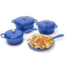 Nonstick Enameled Cast Iron Cookware Set, 7-Pcs Pots and Pans with Lid, Skillet, Frying Pan, Saucepan & Dutch Oven for All Stovetops, PFA Free - Ideal for Sourdough Bread Baking, Cobalt Blue