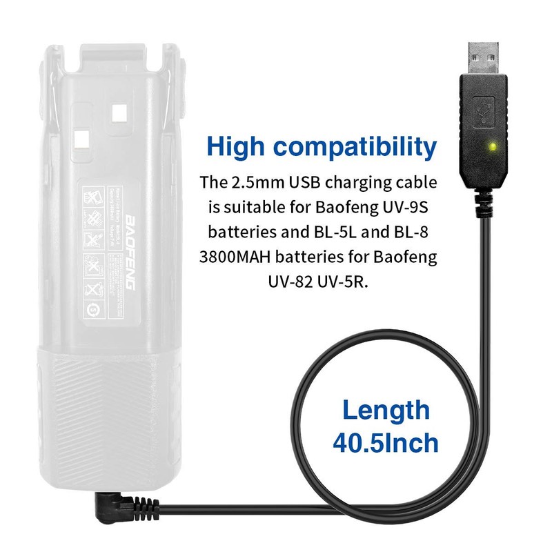 Baofeng 2.5mm USB Charger Cable with Indicator Light for BaoFeng