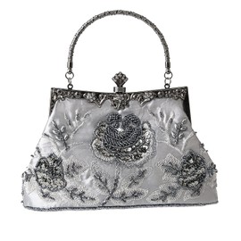 MMYOMI Vintage Floral Beaded Rhinestone Embroidery Clutch Sequin Wedding Party Prom Bag Bridal Ladies Crossbody Evening Handbag (Grey)