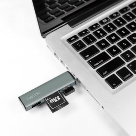 LogiLink USB 3.2 (Gen2) 2-Port Hub with Card Reader for MicroSD and SD Cards, Aluminium Housing with Protective Cap
