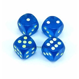 Wondertrail WKP01880E4 Blue Transparent with Glow in The Dark Pips Dice 16mm (5/8in) Six Sided (d6) Pack of 4 Dice