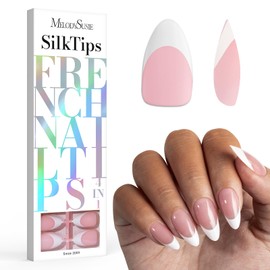 MelodySusie SilkTips French Tip Press On Nails, 150pcs Pink Medium Almond French Tip Nails, Pre-applied Primer & Base Coat Soft Gel Nail Tips, Fake Nails for Nail Art Designs, 15 sizes