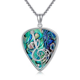 VENACOLY Sterling Silver Guitar Pick Necklace with Abalone Shell Guitar Pendant Guitar Pick Jewellery for Women Musicians Men, Sterling Silver, No Gemstone