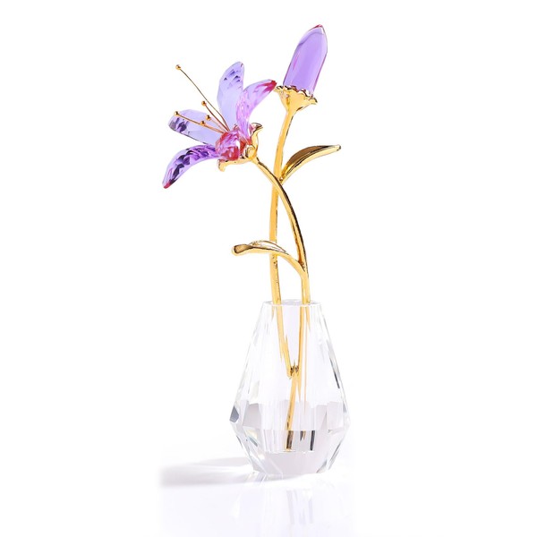 Crystal Lily Flower Figurine Collectible Gifts for Women, Glass Lilium Floral with Metal Stem Crystal Vase for Wedding Valentine's Day Party Home Ornament Decor (Purple)