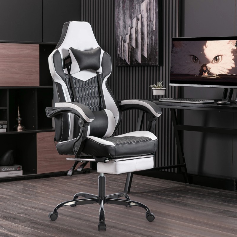 High Back Ergonomic Gaming Chair with Footrest Headrest Lumbar Support-PVC
