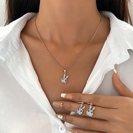 Wendalern Rabbit Necklace Earrings Set Pretty Crystal Rabbit Necklace Cute Rhinestone Rabbit Dangle Earrings Statement Necklace Hoop Huggie Earring Jewellery Set Gifts for Women Girls