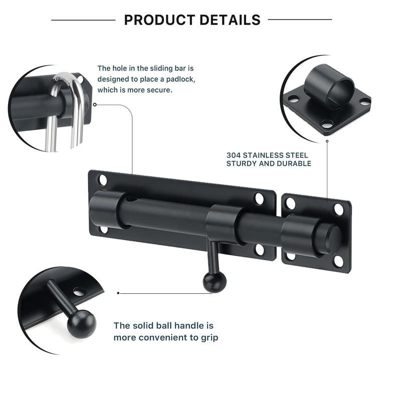 SAYAYO EMS9000-B Door Bolt Black Stainless Steel Bolt Lock Lock