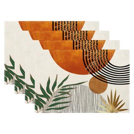 Mid Century Placemats 12x18 Inches Set of 4, Modern Boho Green Orange Tropical Leaf Decorative Rectangle Table Mats for Party, Home Kitchen,Dining Table Decoration