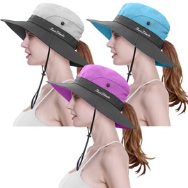 3 Pieces Womens Ponytail Wide Brim Sun Hat Packable UV Protection Beach Cap for Fishing & Hiking(Purple＆Sky Blue＆Beige)