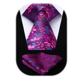 HISDERN Extra Long Ties for Men Purple Floral Tie and Pocket Square Elegant Fuchsia Rose Silk Neckties Handkerchief Set Wedding Party