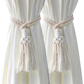 2 Pack Curtain Ties, Boho Curtain Tiebacks, Handmade Farmhouse Curtain Tie Back Holder with Tassels, Hand-Woven Cotton Rope Holdbacks for Living Room Bedroom Restaurant