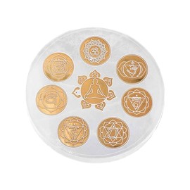 NKlaus Selenite Chakra Plate Ø 15cm - Engraved with 7 Chakra Symbols and Meditative Figure - For Recharging Crystals, Meditation, Reiki and Spiritual Rituals