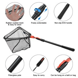 SAN LIKE Fishing Net Fish Landing Nets Folding Telescopic Sturdy Pole Handle Rubber Coated Net Extending to 71inches for Saltwater (Orange Fiberglass Pole,Length 38.2" to 70.9")
