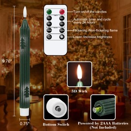 Eldnacele Christmas Flickering Flameless Candles Remote and Timer, Battery Operated Vertical Stripe Taper Candles 3D Wick Real Wax LED Green Candles Dinner Home Xmas Holiday Decor(6pcs,0.75"×9.76")