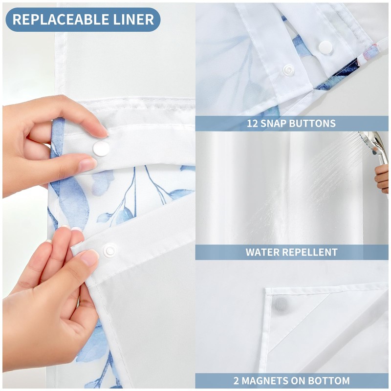 QiyI No Hook Shower Curtain with Snap in Fabric Liner,