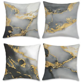 Bonhause Grey Marble Cushion Covers 50 x 50 cm Both Sides Black Gold Abstract Art Modern Decorative Throw Pillow Covers Soft Velvet Pillowcases for Sofa Bed Home Patio Decor Set of 4