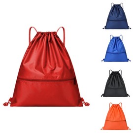 Drawstring Backpack Bag with Front Pocket Waterproof Oxford Cloth, Lightweight Gym Sack for Sports and Travel (Red, Large)