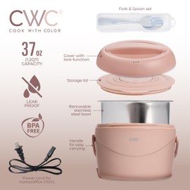 COOK WITH COLOR 40W Round Lunch Box, Portable Food Warmer, 1.1L Capacity, Stainless Steel Liner, Dusty Rose