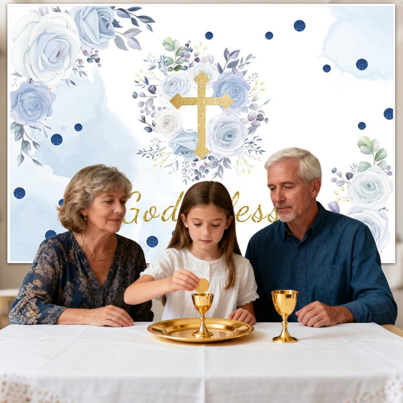 7x5ft God Bless Backdrop Blue Flowers Gold Cross Photography Background