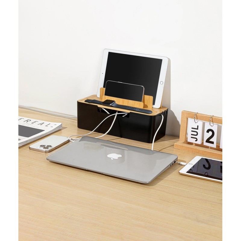 BUYSK Cable Management Box with Wooden Lid, Multi-Device Organizer for