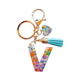 Colorful Cute Initial Letter Keychains for Women Girls Tassel Heart Charm Alphabet Keychain for Backpack School Bag (V-Colorful Sequin Heart)